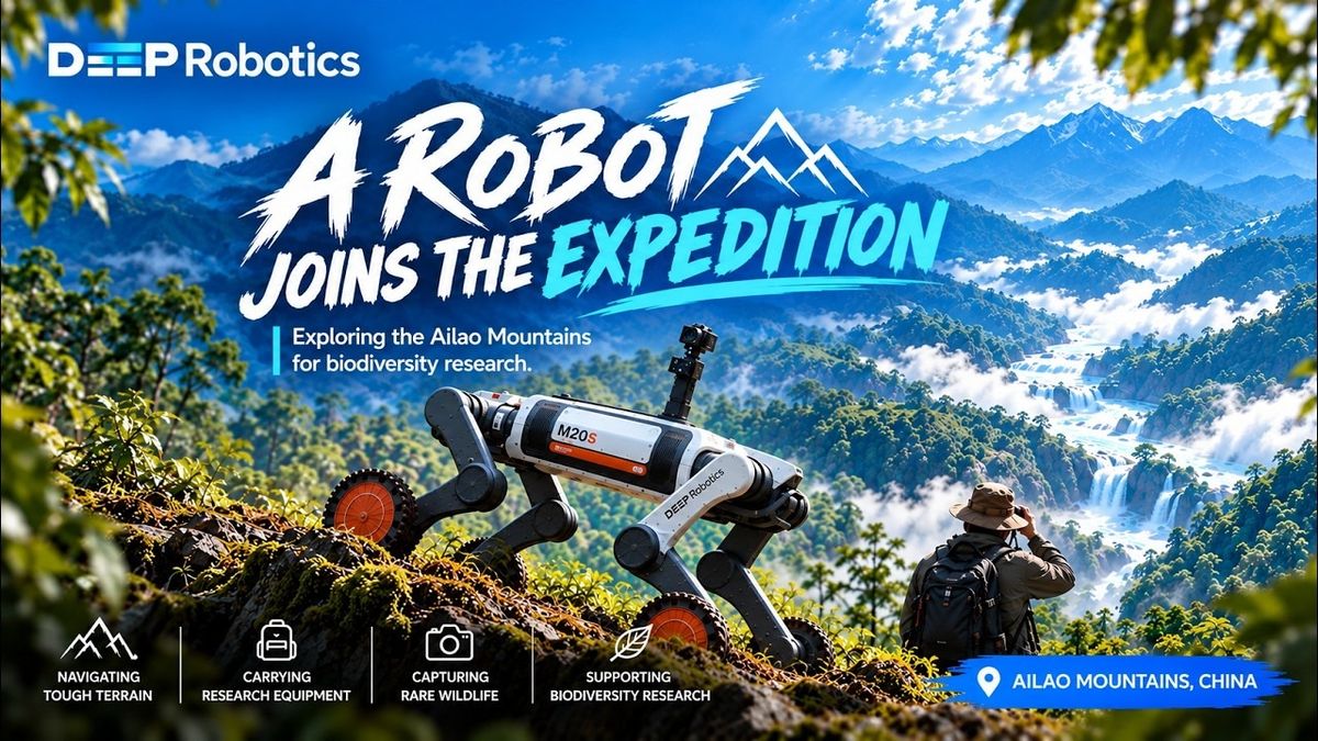Weiß-grauer vierbeiniger Roboter M20S mit Rädern an den Beinen und Kamera auf dem Rücken an einem bewachsenen Hang, rechts ein Forscher mit Hut und Rucksack vor bewaldeten Bergen und Wasserfällen, darüber der Schriftzug „A Robot Joins the Expedition“