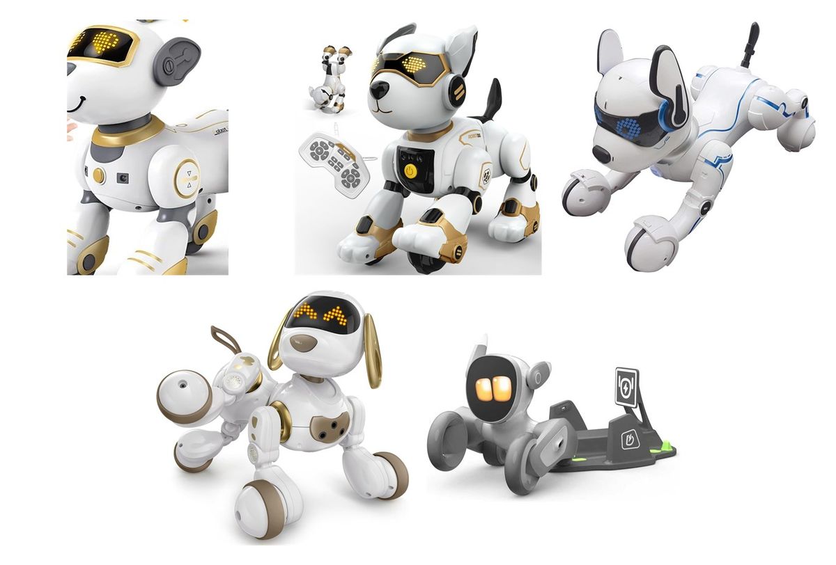 Collage aus fünf Roboterhunden für Kinder: VATOS, Anysun R27, Lexibook Power Puppy, Ruko 18011 und Loona