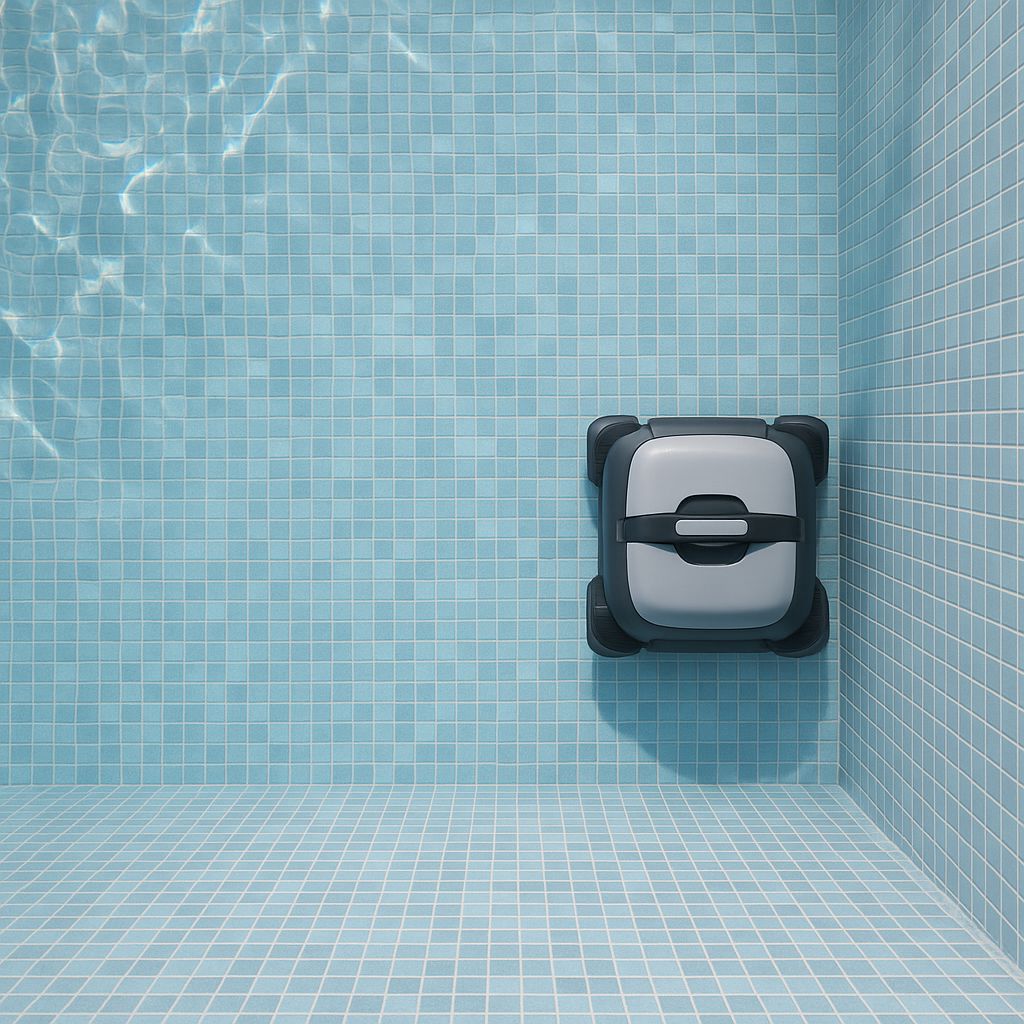 KI-generierte Illustration: grauer Poolroboter an der gefliesten Wand eines Schwimmbeckens unter Wasser