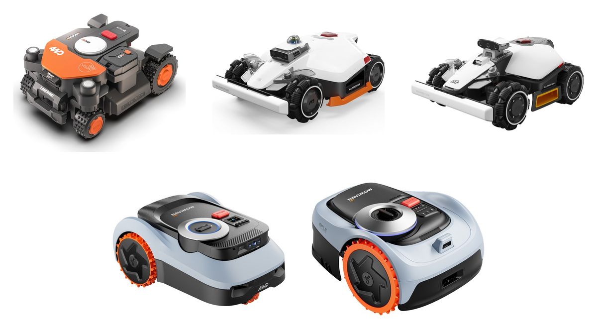 Collage aus fünf Allrad-Mährobotern: Worx Landroid Vision Cloud 4WD, Mammotion LUBA 3 AWD, Mammotion LUBA mini 2 AWD, Segway Navimow i210 LiDAR Pro und Segway Navimow i205 AWD